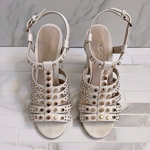 Aldo White Block Heel Gold Studded Sandals Size 6